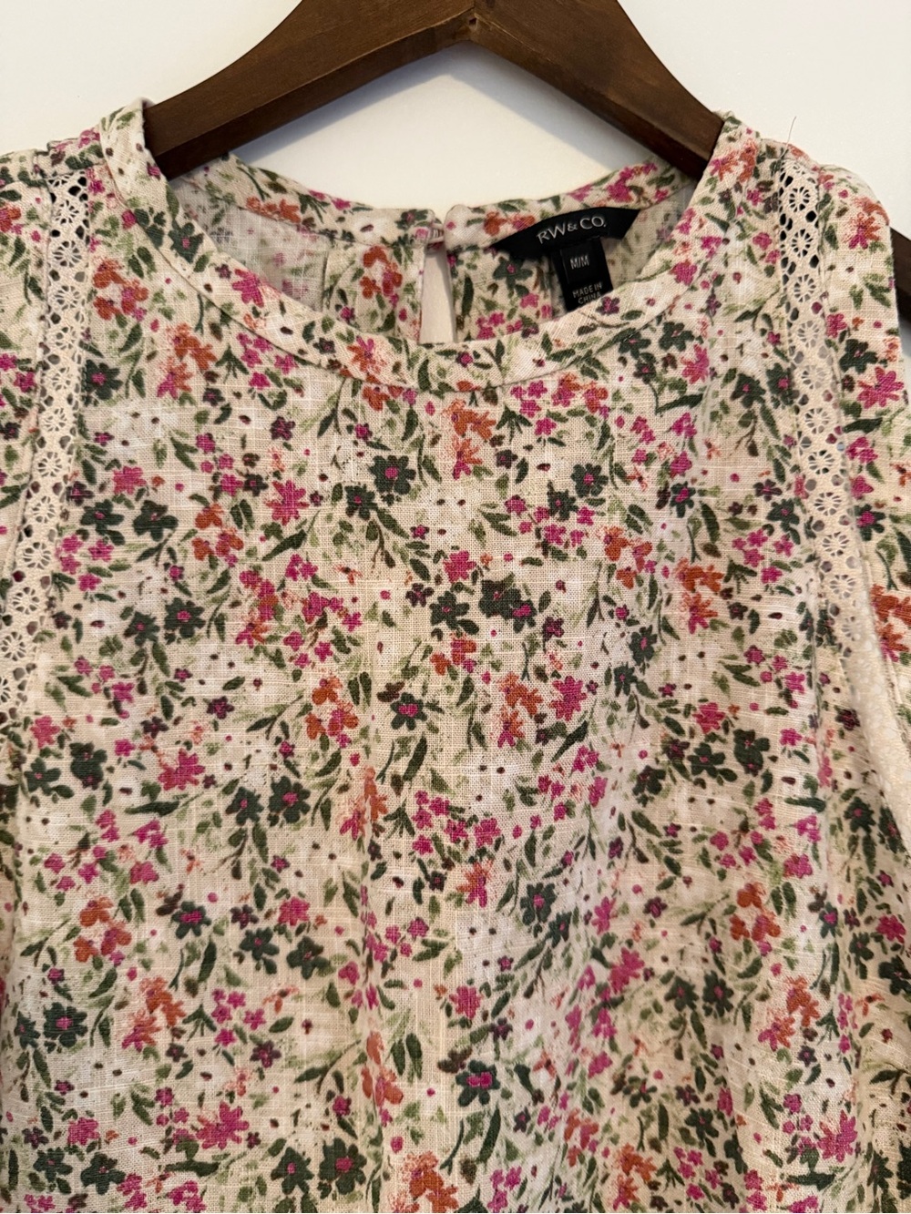 RW&CO. Cream Floral Tank Top with Pink and Green Accents